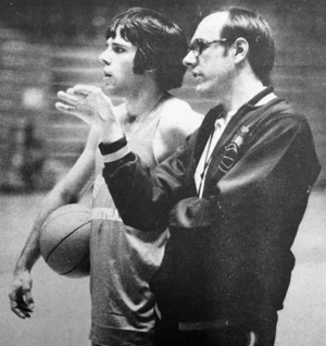 Jim Boeheim talks to guard Ross Kindel. Boeheim was first hired as Syracuse's men's basketball head coach in 1976. Forty years later, Boeheim is still at the helm.